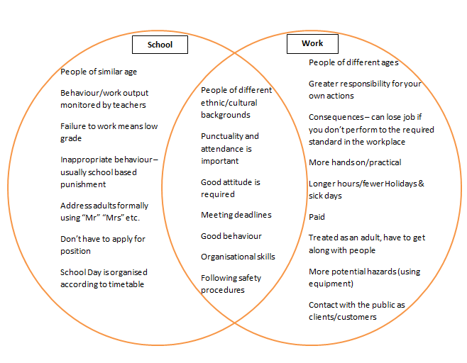 Venn diagram to show you the changes that will occur when transitioning from your schooling environment to a work environment.